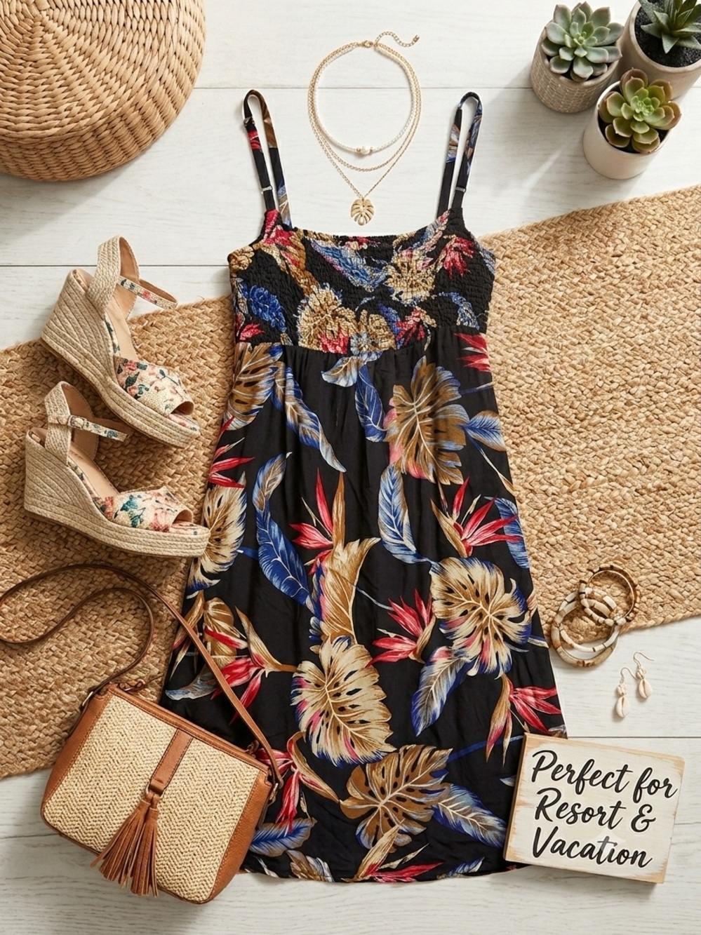 Floral Smocked Sundress - Black Tropical Print
